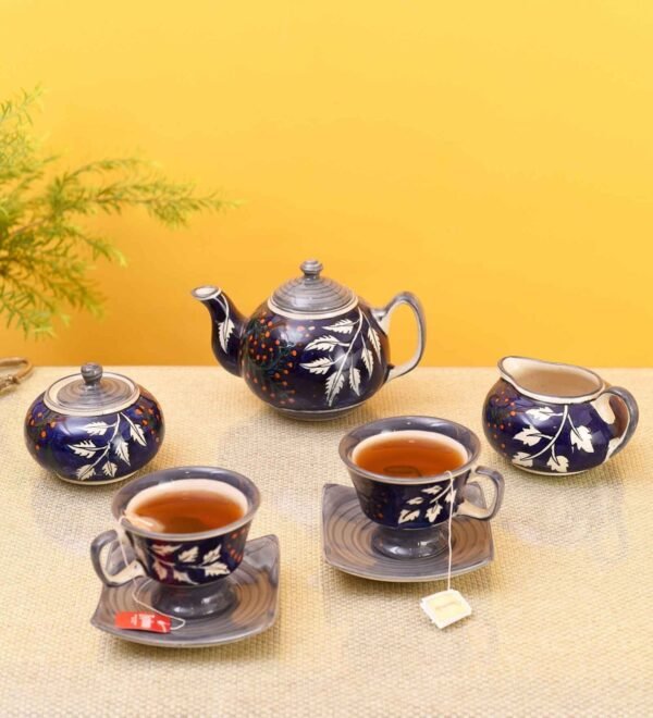Blooming Leaves Royal Blue Ceramic 4 Pcs Tea Set,