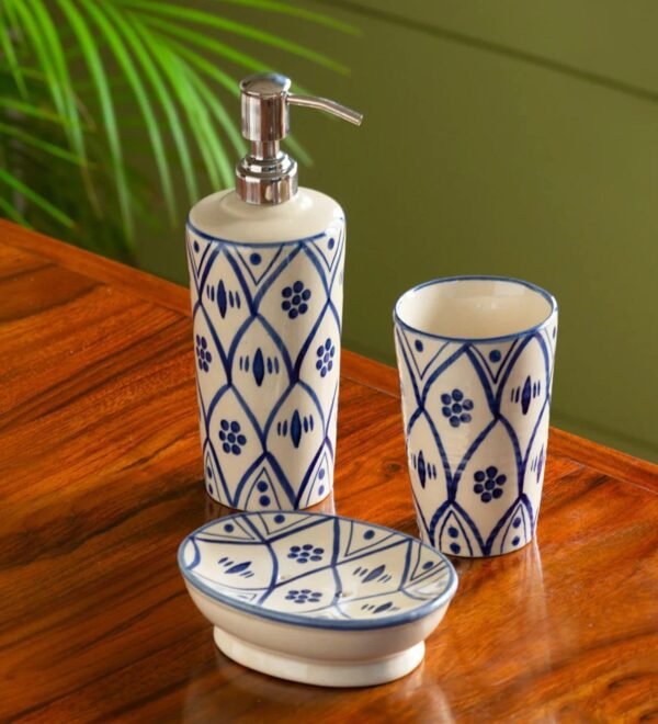 Moroccan Floral White & Blue Ceramic (Set of 3) Bath Set
