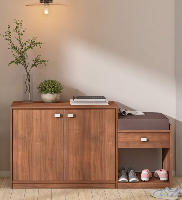 Kutsu Shoe Rack with Seating in Natural Teak Finish